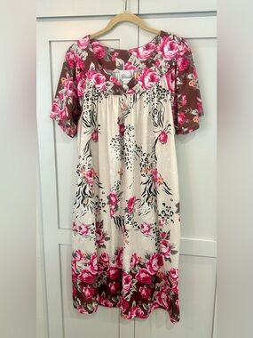 Essentials Cream and Brown Muumuu Dress with Pink Floral Print pockets!!